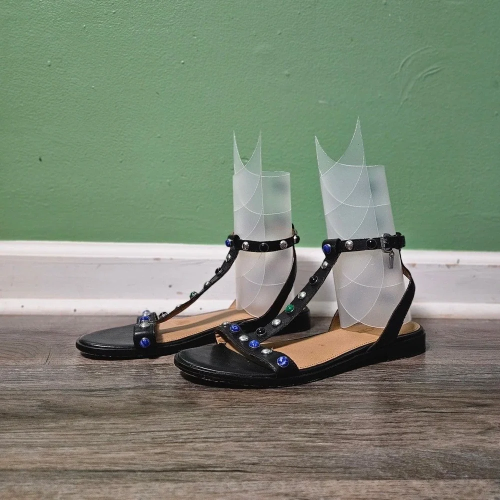 Coach Women's Sadie Leather‎ Embellished T-Strap Black Sandals